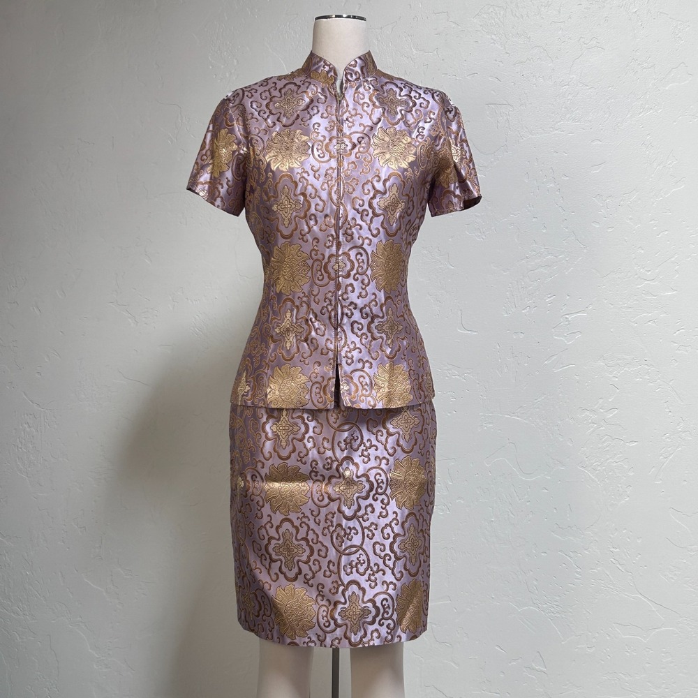 Gigi Clark Vintage Y2K Silk 2 Piece Set Women M 4 Asian Gold Brocade Luxury Glam